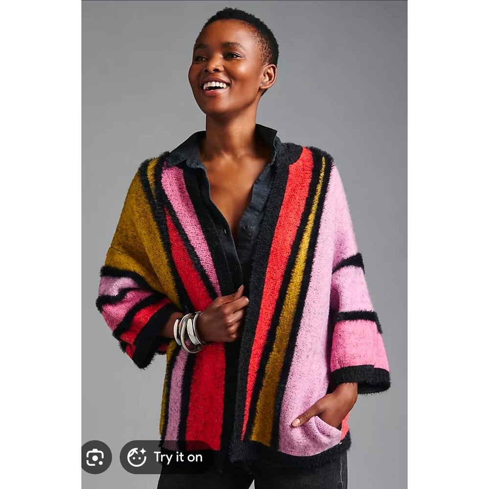Bel Kazan Graphic Heart Kimono Sweater Anthropologie Colorblock Pockets OS